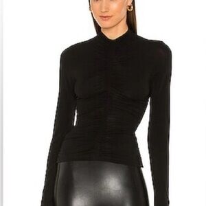 A.L.C. Black Ruched Fitted Blouse with Mandarin Collar